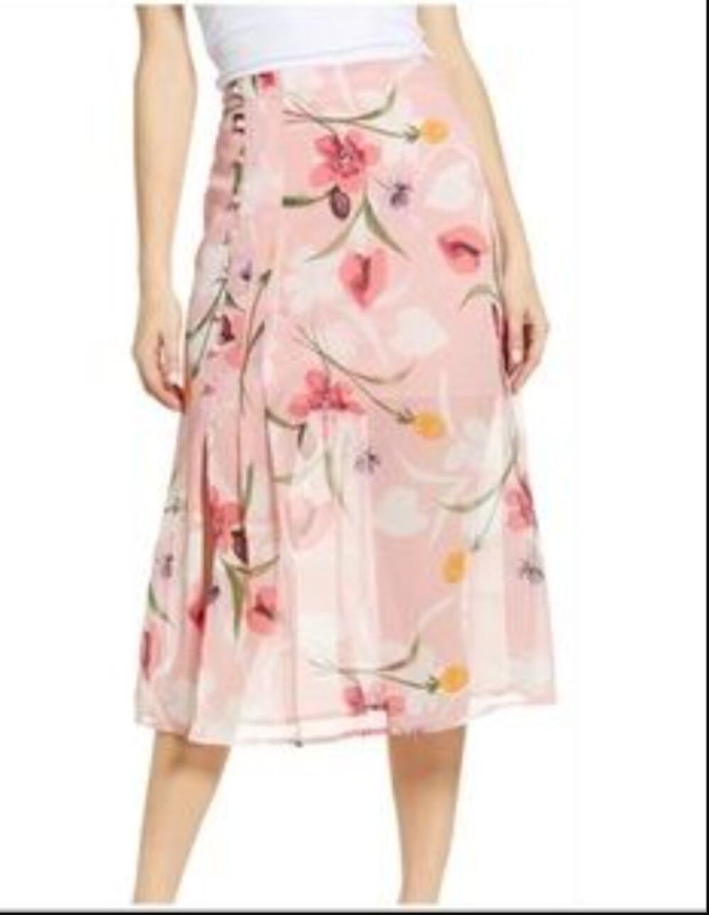 NEW Leith Size XXS midi skirt floral Pink sparkle with faux side buttons summer